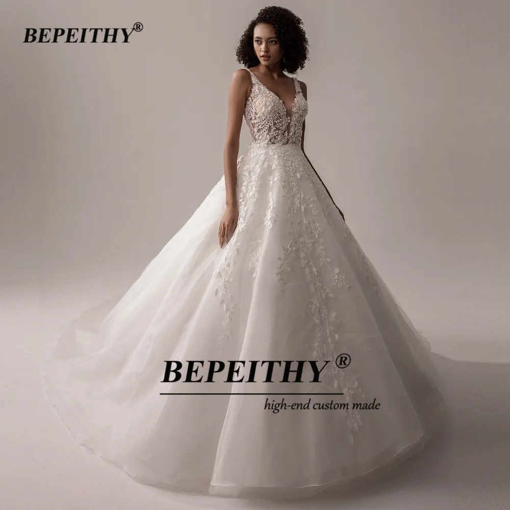 BEPEITHY Vestido De Noiva V Neck Sleeveless Wedding Dresses 2022 For Women A Line Ivory Lace Romantic Bride Boho Bridal Gown