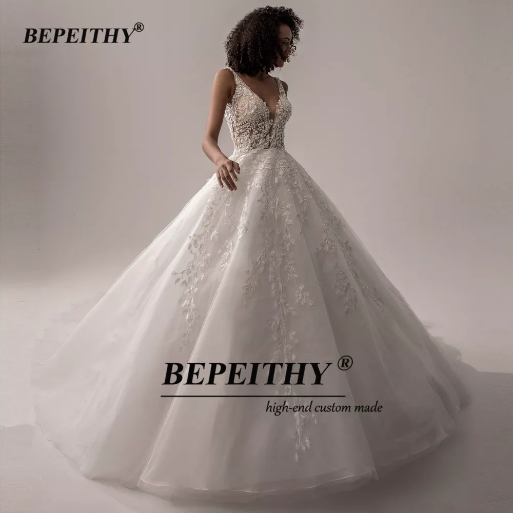 BEPEITHY Vestido De Noiva V Neck Sleeveless Wedding Dresses 2022 For Women A Line Ivory Lace Romantic Bride Boho Bridal Gown