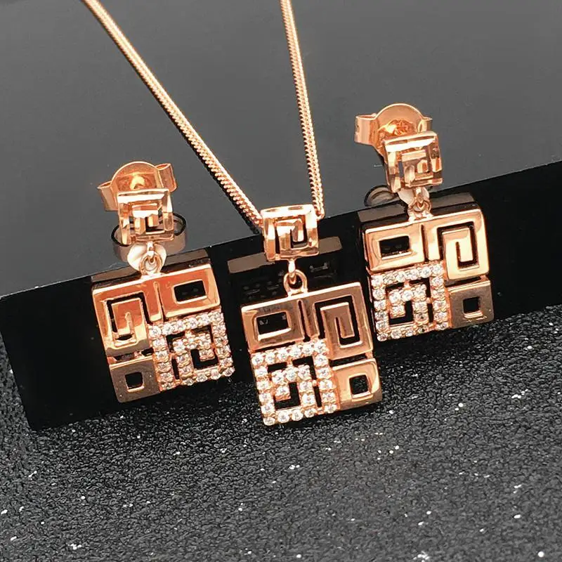 585 purple gold new jewelry sets crystal square necklace ladies 14K rose gold earrings for women rings exquisite party jewelry