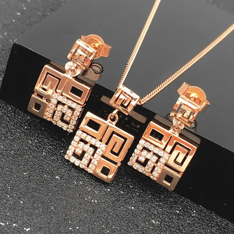 585 purple gold new jewelry sets crystal square necklace ladies 14K rose gold earrings for women rings exquisite party jewelry