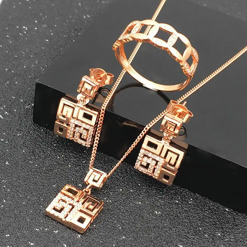 585 purple gold new jewelry sets crystal square necklace ladies 14K rose gold earrings for women rings exquisite party jewelry