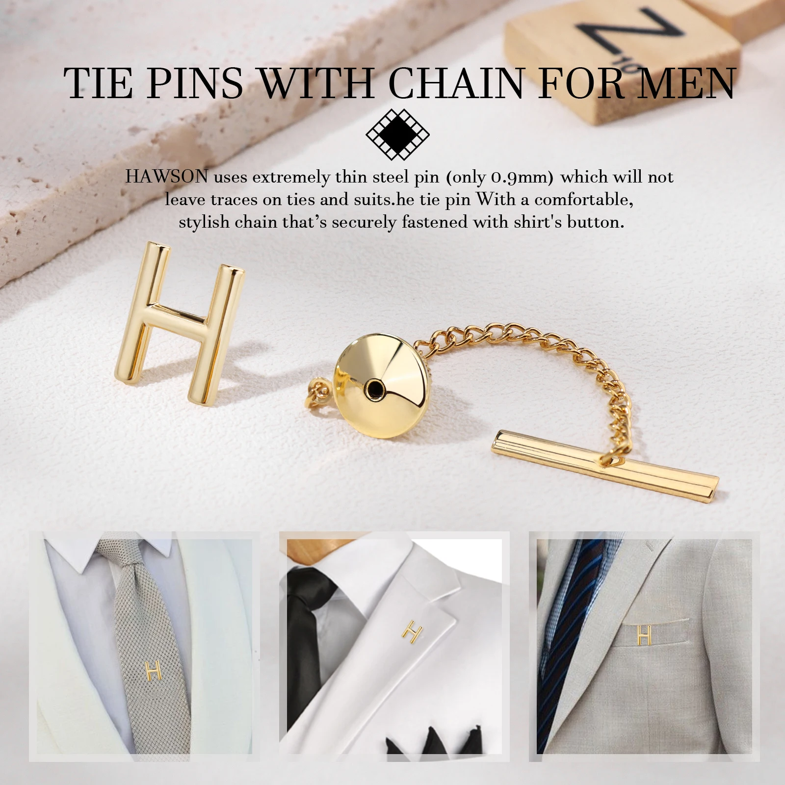 HAWSON Personalized Letter Cufflinks Tie Clips and Tie Buckle Set for Tie and French Cuffs or Dress Shirt ,Gift for him