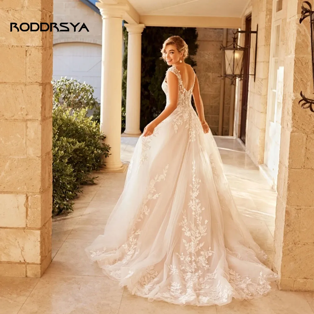 RODDRSYA Elegant Wedding Dress For Women V-Neck Cap Sleeve Lace Appliques Vestido De Noiva With Button Sweep Train Custom Made