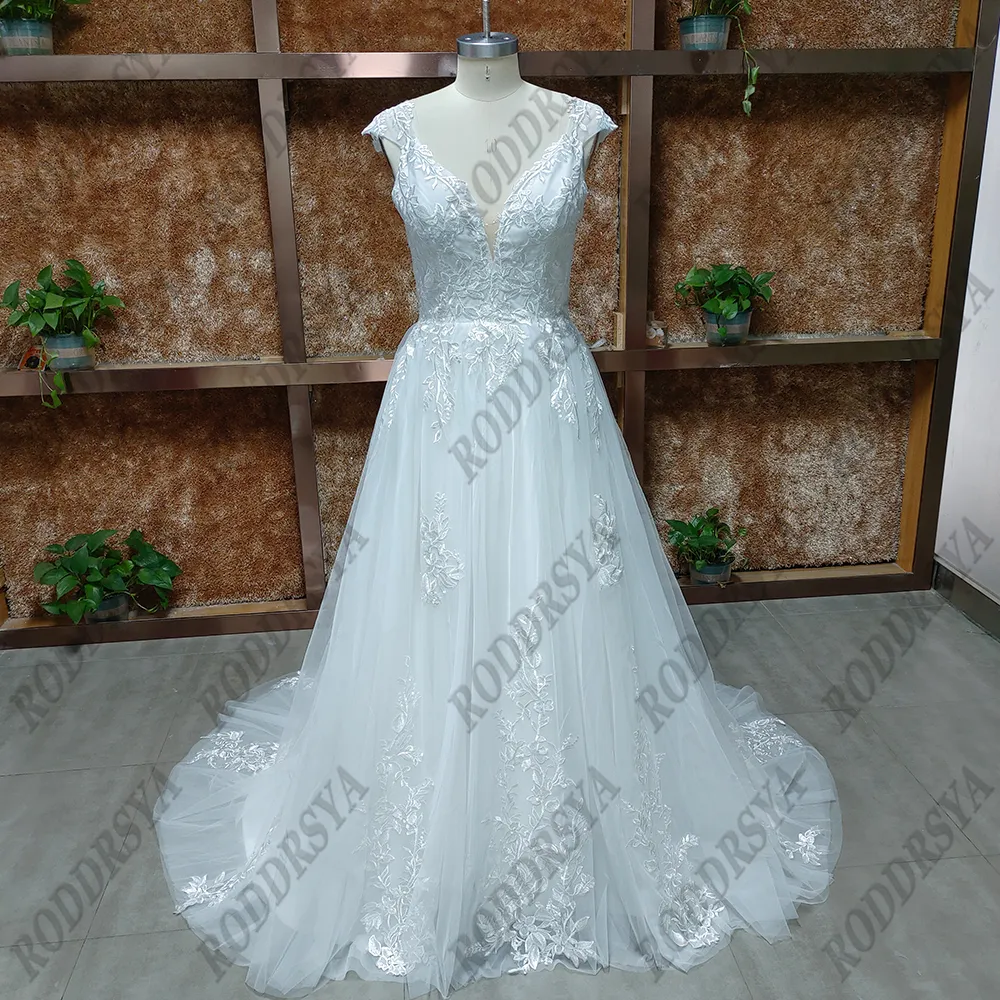 RODDRSYA Elegant Wedding Dress For Women V-Neck Cap Sleeve Lace Appliques Vestido De Noiva With Button Sweep Train Custom Made