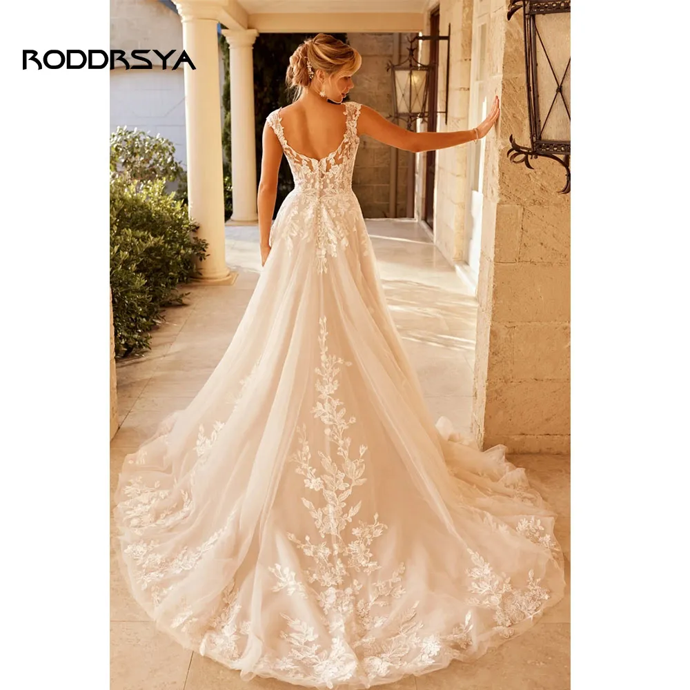 RODDRSYA Elegant Wedding Dress For Women V-Neck Cap Sleeve Lace Appliques Vestido De Noiva With Button Sweep Train Custom Made