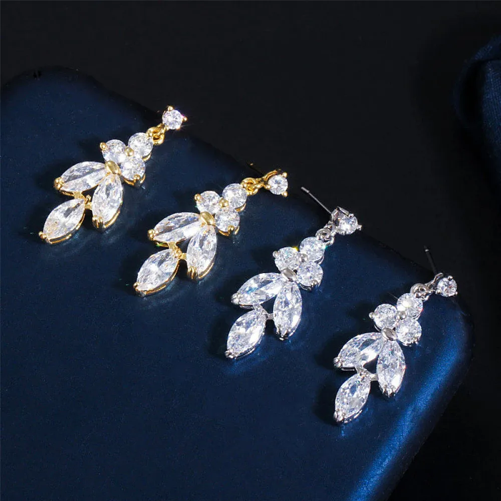 Uilz Exquisite Leaf Dangle Earring Jewelry Set for Women Wedding Accessories Zircon Drop Earrings Necklace Sets Bride Gift