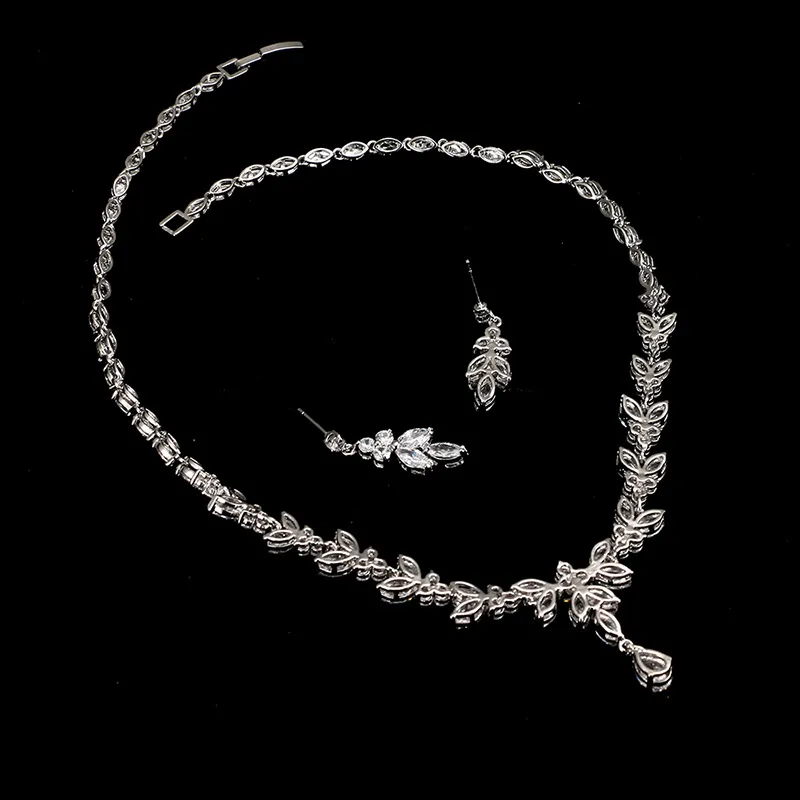 Uilz Exquisite Leaf Dangle Earring Jewelry Set for Women Wedding Accessories Zircon Drop Earrings Necklace Sets Bride Gift