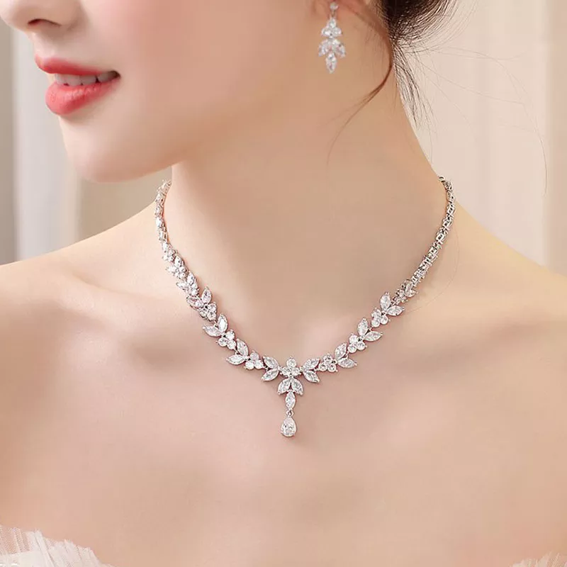 Uilz Exquisite Leaf Dangle Earring Jewelry Set for Women Wedding Accessories Zircon Drop Earrings Necklace Sets Bride Gift