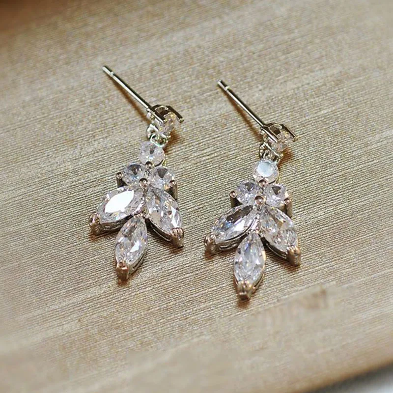 Uilz Exquisite Leaf Dangle Earring Jewelry Set for Women Wedding Accessories Zircon Drop Earrings Necklace Sets Bride Gift