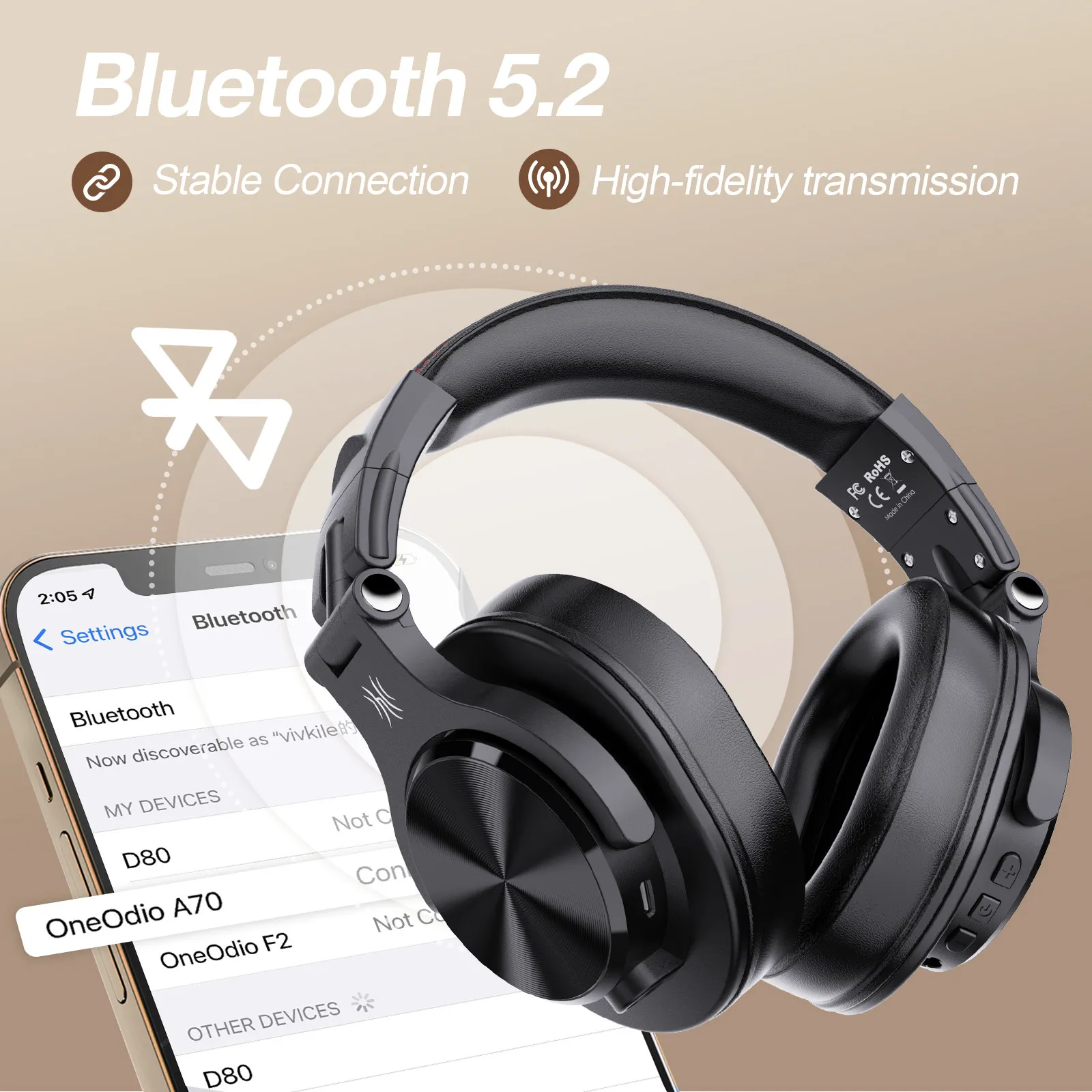 Oneodio Fusion A70 Bluetooth 5.2 Headphones Hi-Res Audio Over Ear Wireless Headset Professional Studio Monitor DJ Headphones 72H