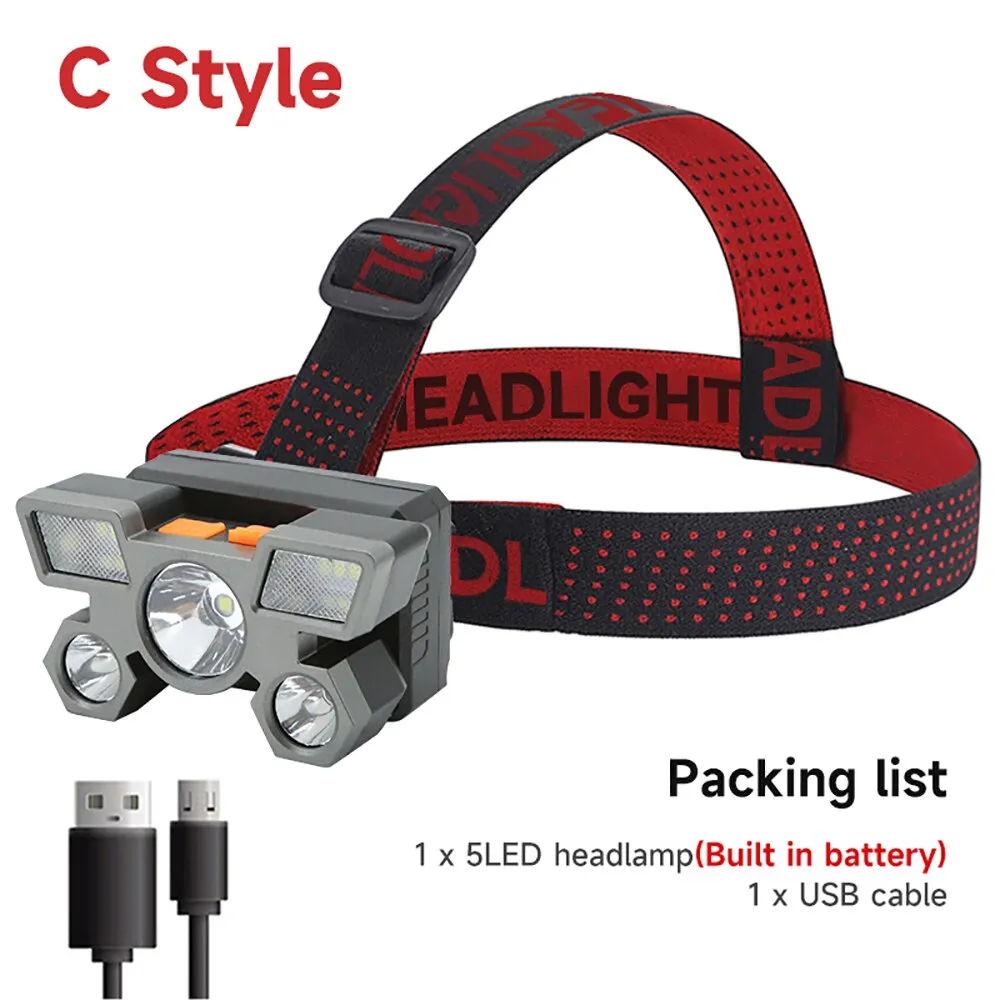 5 LED Flashlight Rechargeable with Built in 18650 Battery Strong Light Camping Adventure Fishing Head Light Headlamp