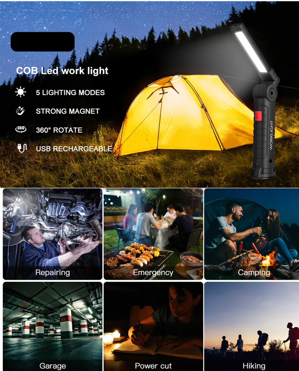 New Portable COB LED Flashlight USB Rechargeable Work Light Magnetic Lanterna Hanging Lamp with Built-in Battery Camping Torch