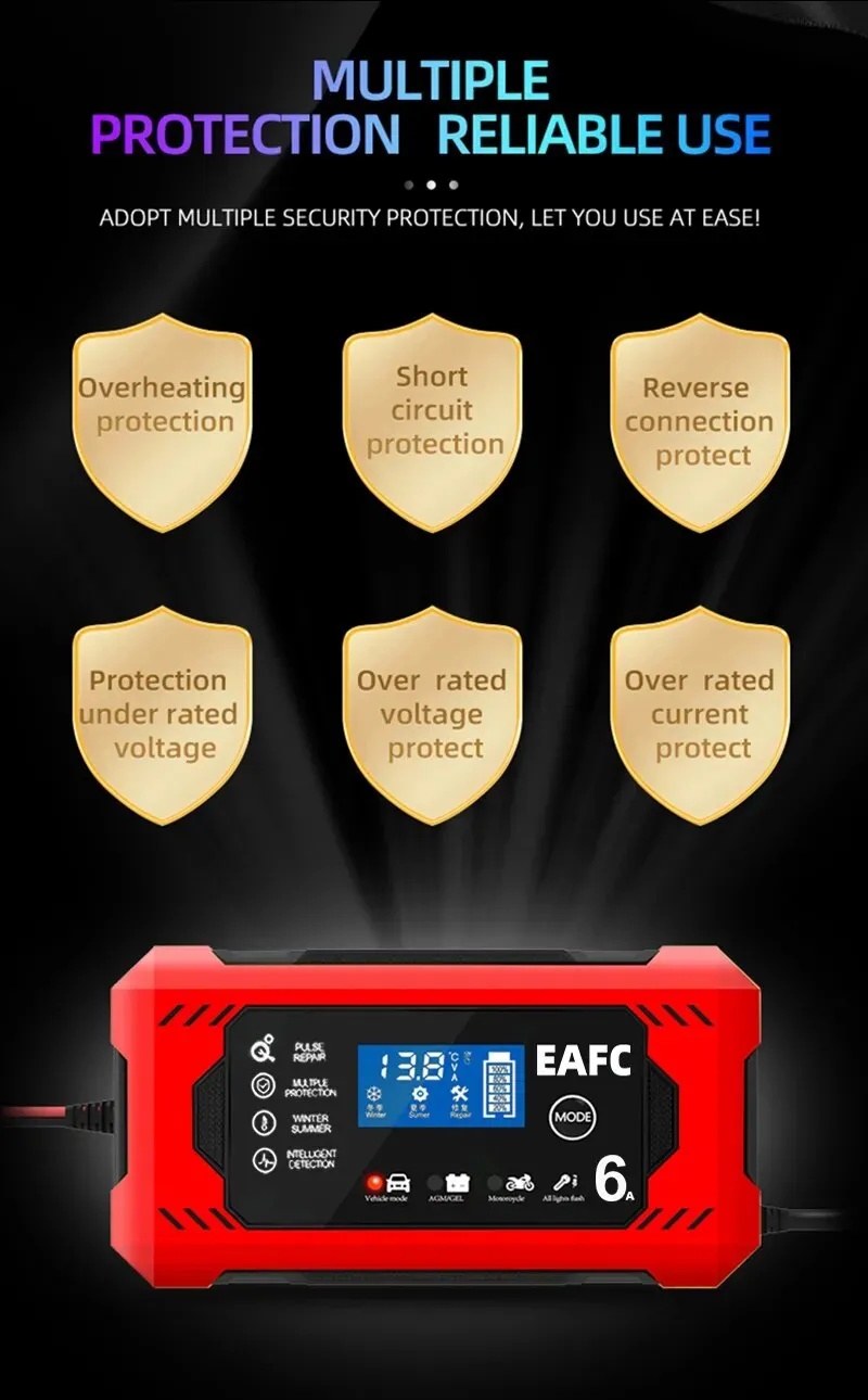 Car Battery Charger 6A 12V Car and Motorcycle Battery Charging Device Lead-acid Battery Smart Repair LCD Display