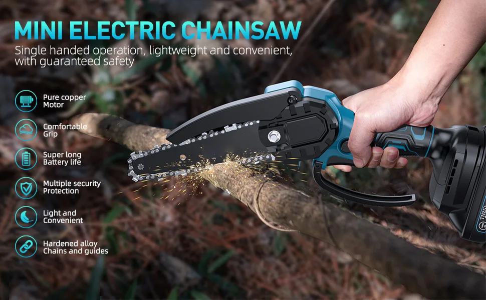 6 Inch Mini Cordless Electric Chain Saw Woodworking Handheld Pruning Chainsaw Garden Portable Cutting Tool for Makita Battery