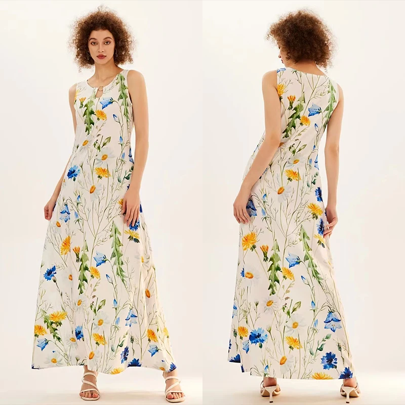 Flower Print New Casual Sleeveless Long Dress Women's V-Neck Printed Dress Swing Bohemian Retro Dresses