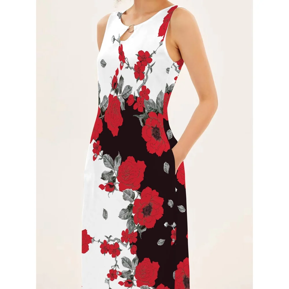 Flower Print New Casual Sleeveless Long Dress Women's V-Neck Printed Dress Swing Bohemian Retro Dresses