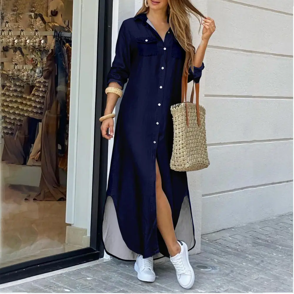 Casual Long Shirt Dress Autumn Women Long Sleeve Maxi Dresses Laides Turn-down Collar Office Dresses Loose Sundress Robe Longue