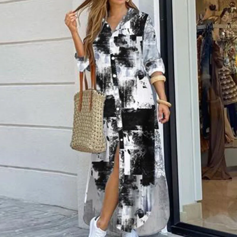 Casual Long Shirt Dress Autumn Women Long Sleeve Maxi Dresses Laides Turn-down Collar Office Dresses Loose Sundress Robe Longue