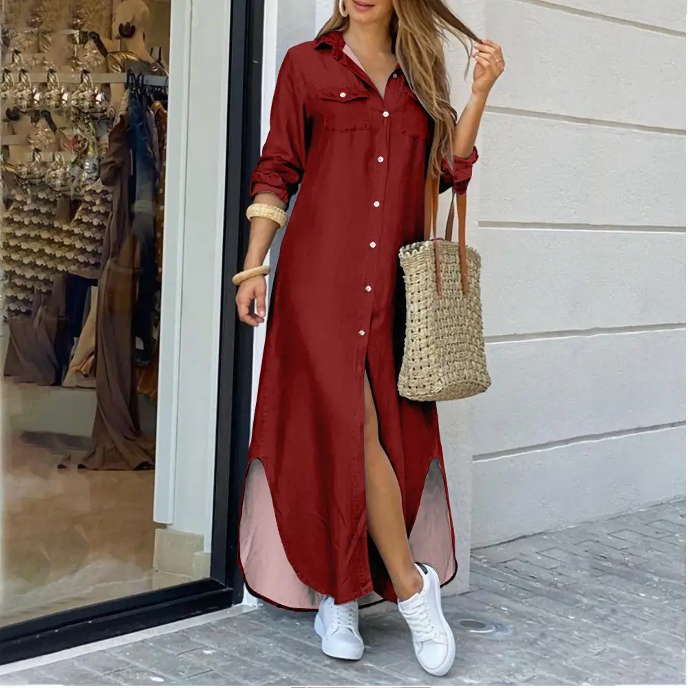 Casual Long Shirt Dress Autumn Women Long Sleeve Maxi Dresses Laides Turn-down Collar Office Dresses Loose Sundress Robe Longue