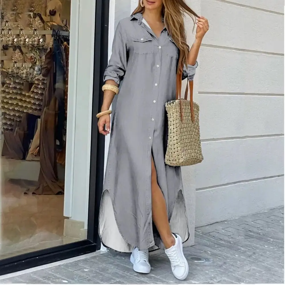 Casual Long Shirt Dress Autumn Women Long Sleeve Maxi Dresses Laides Turn-down Collar Office Dresses Loose Sundress Robe Longue