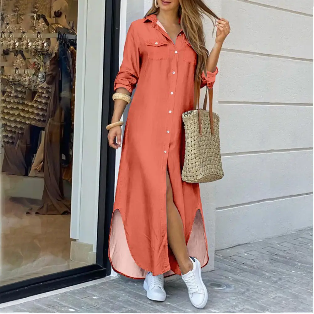 Casual Long Shirt Dress Autumn Women Long Sleeve Maxi Dresses Laides Turn-down Collar Office Dresses Loose Sundress Robe Longue