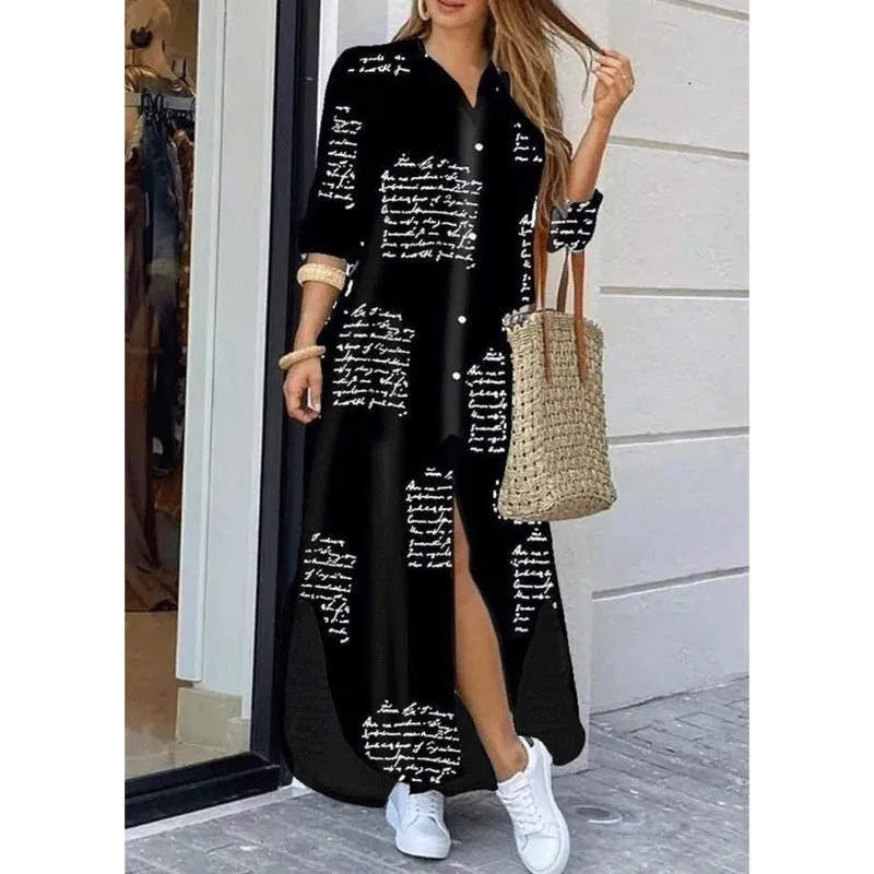 Casual Long Shirt Dress Autumn Women Long Sleeve Maxi Dresses Laides Turn-down Collar Office Dresses Loose Sundress Robe Longue