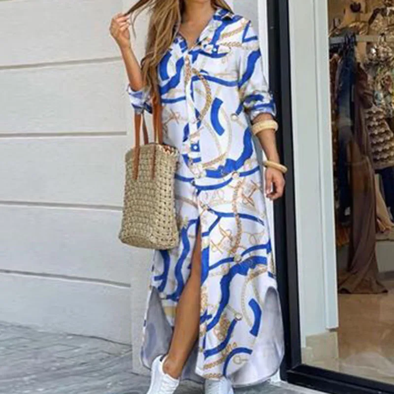 Casual Long Shirt Dress Autumn Women Long Sleeve Maxi Dresses Laides Turn-down Collar Office Dresses Loose Sundress Robe Longue