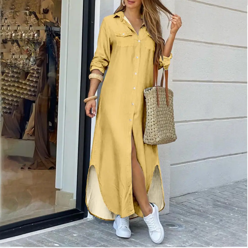 Casual Long Shirt Dress Autumn Women Long Sleeve Maxi Dresses Laides Turn-down Collar Office Dresses Loose Sundress Robe Longue