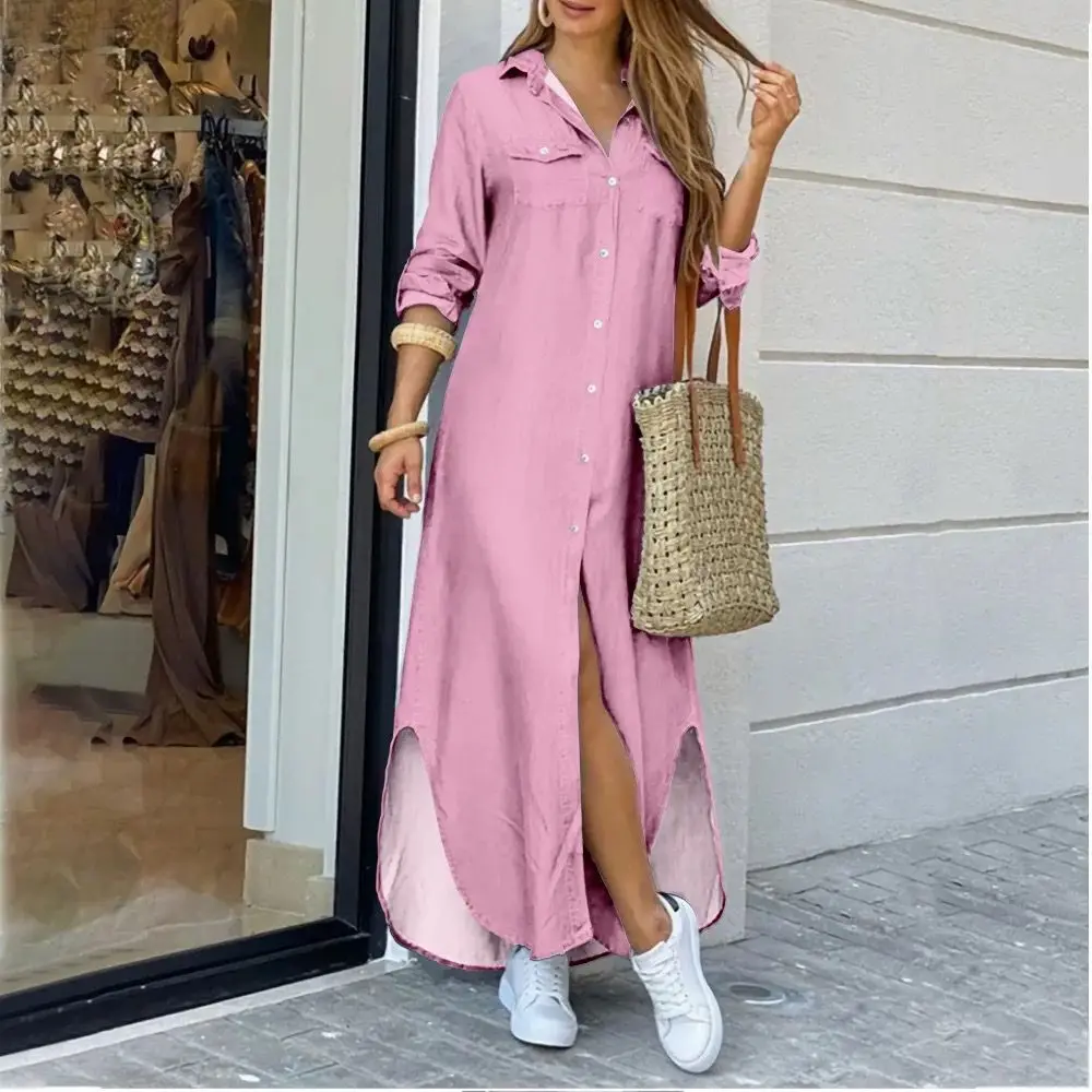 Casual Long Shirt Dress Autumn Women Long Sleeve Maxi Dresses Laides Turn-down Collar Office Dresses Loose Sundress Robe Longue