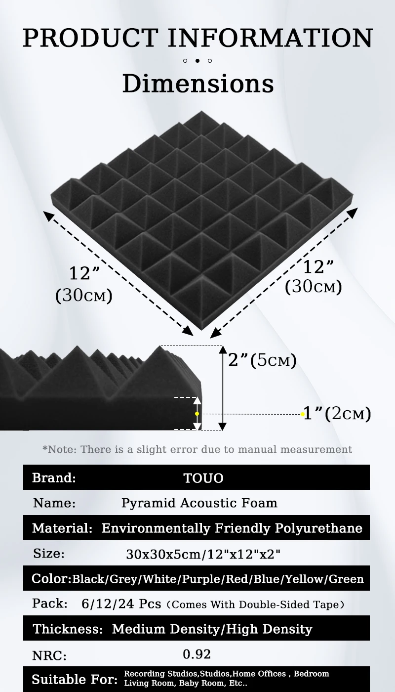 TOUO Studio Acoustic Foam Panel 6/12/24 Pcs Soundproof Foam Board For KTV Room Sound Proof Foam Panels Sponge Pad