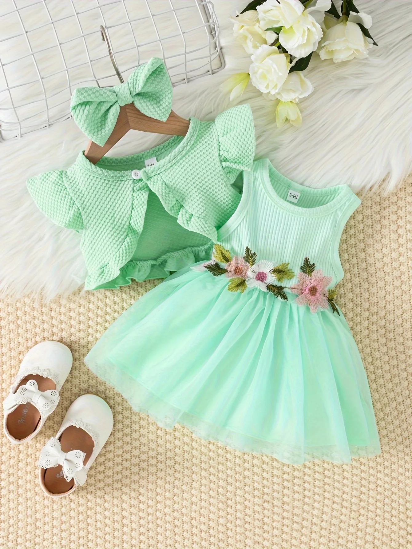 Baby Baby Baby Summer Style Waist Flower Vest Mesh Dress Jacket Hair Accessories