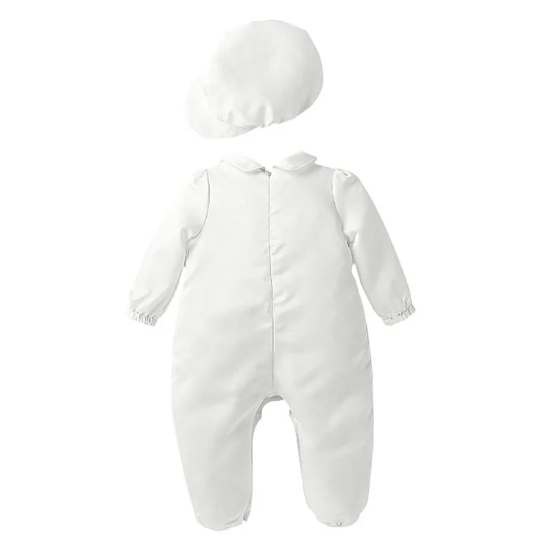 Baby Boys White Jumpsuit Infant Long Bow Tie Baptism Rompers+Cap Christening Outfits for Newborn Baby Formal Gentleman Clothes