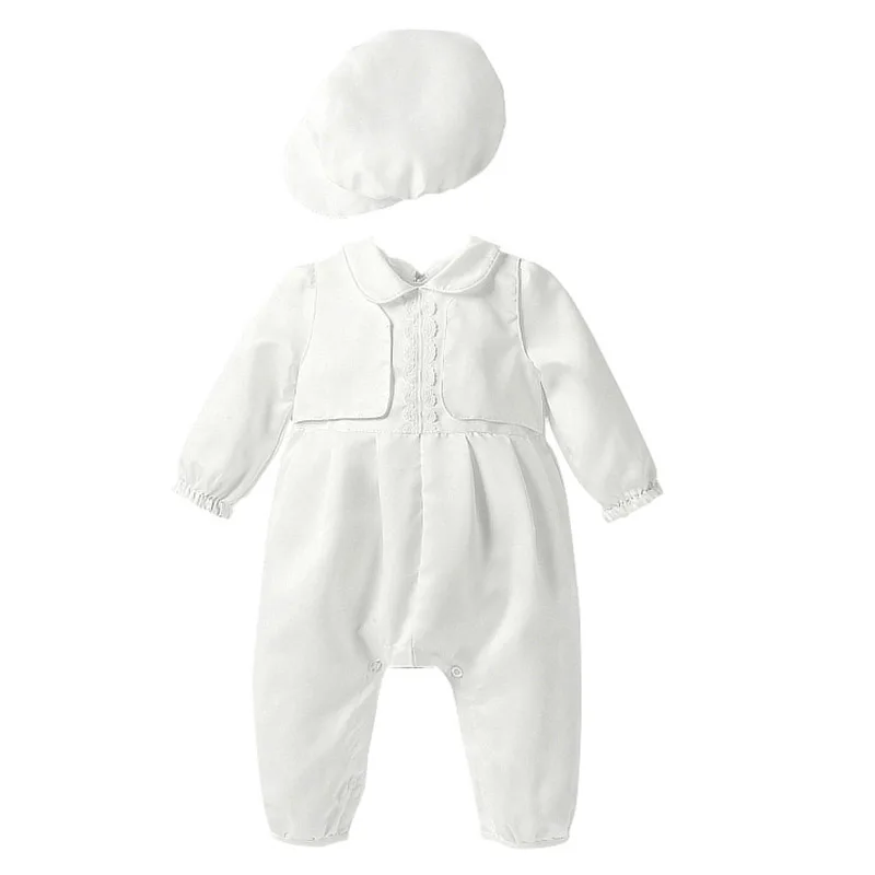 Baby Boys White Jumpsuit Infant Long Bow Tie Baptism Rompers+Cap Christening Outfits for Newborn Baby Formal Gentleman Clothes