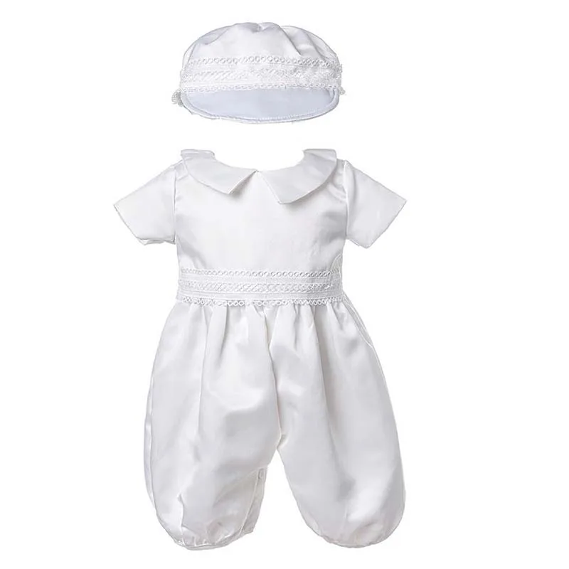 Baby Boys White Jumpsuit Infant Long Bow Tie Baptism Rompers+Cap Christening Outfits for Newborn Baby Formal Gentleman Clothes