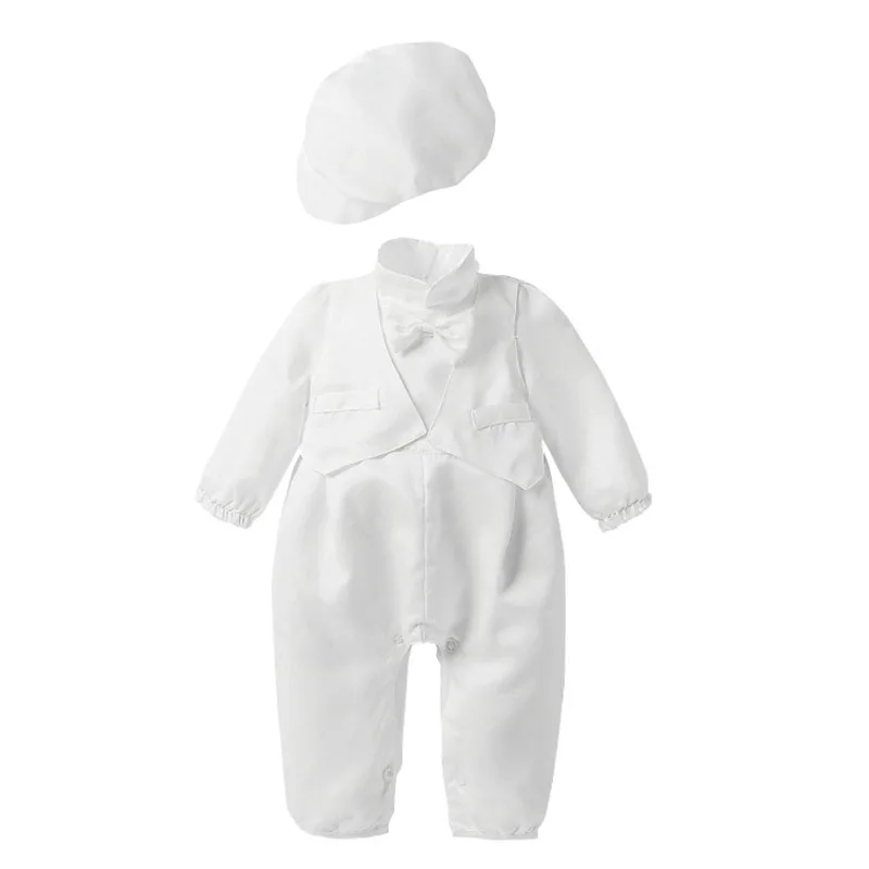 Baby Boys White Jumpsuit Infant Long Bow Tie Baptism Rompers+Cap Christening Outfits for Newborn Baby Formal Gentleman Clothes