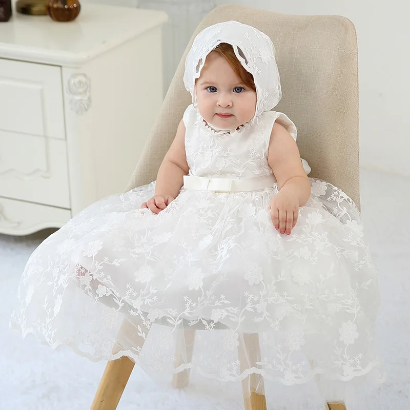 Baby Girl White Christening Dress Newborn Embroidery Puffy Vestido+Hat Princess Baptism Gown Flower Girl Wedding Dress for Baby