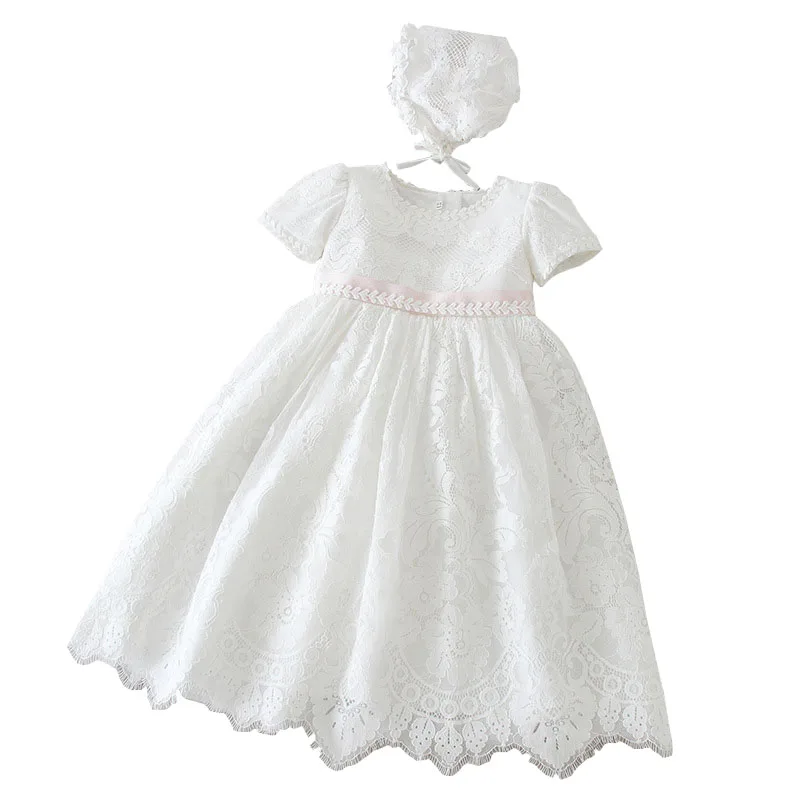 Baby Girl White Christening Dress Newborn Embroidery Puffy Vestido+Hat Princess Baptism Gown Flower Girl Wedding Dress for Baby