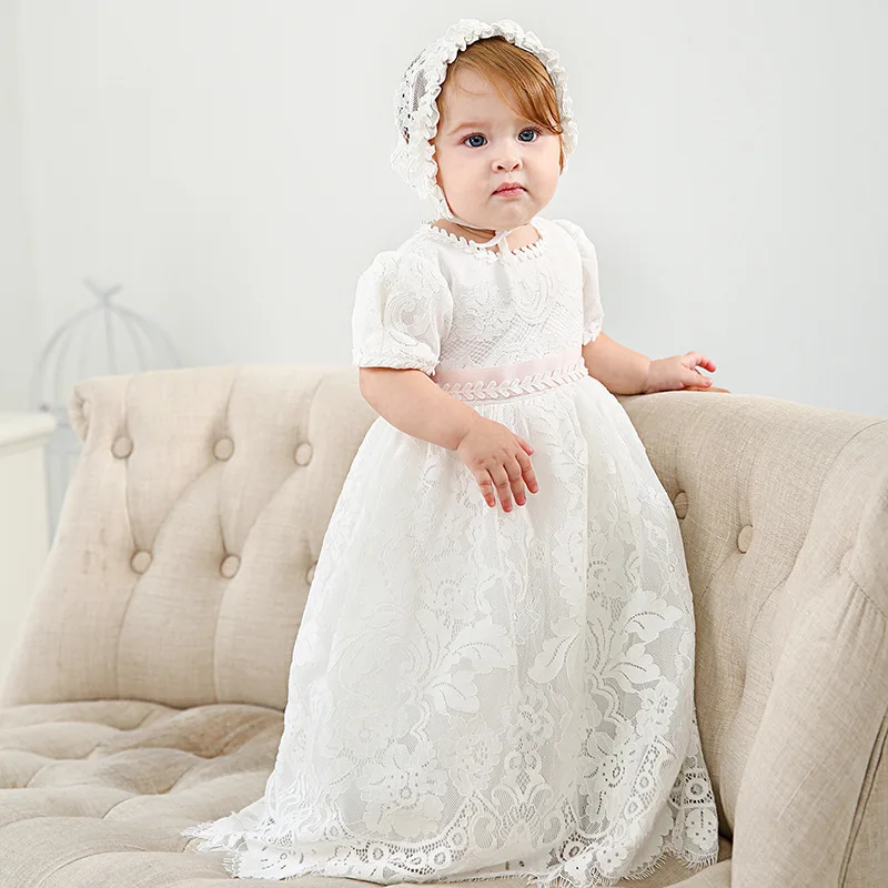 Baby Girl White Christening Dress Newborn Embroidery Puffy Vestido+Hat Princess Baptism Gown Flower Girl Wedding Dress for Baby