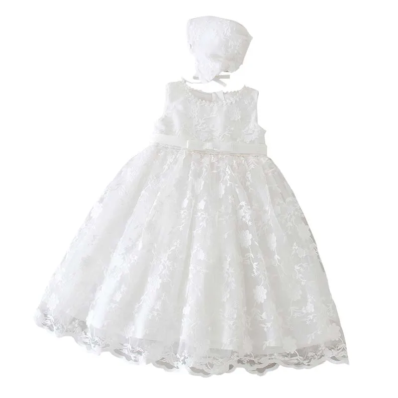 Baby Girl White Christening Dress Newborn Embroidery Puffy Vestido+Hat Princess Baptism Gown Flower Girl Wedding Dress for Baby