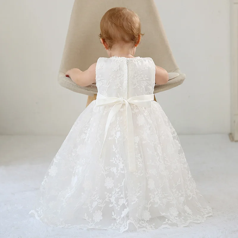 Baby Girl White Christening Dress Newborn Embroidery Puffy Vestido+Hat Princess Baptism Gown Flower Girl Wedding Dress for Baby