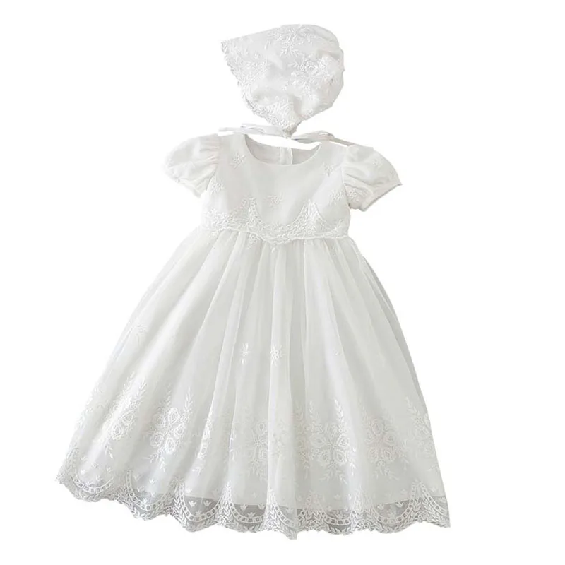 Baby Girl White Christening Dress Newborn Embroidery Puffy Vestido+Hat Princess Baptism Gown Flower Girl Wedding Dress for Baby