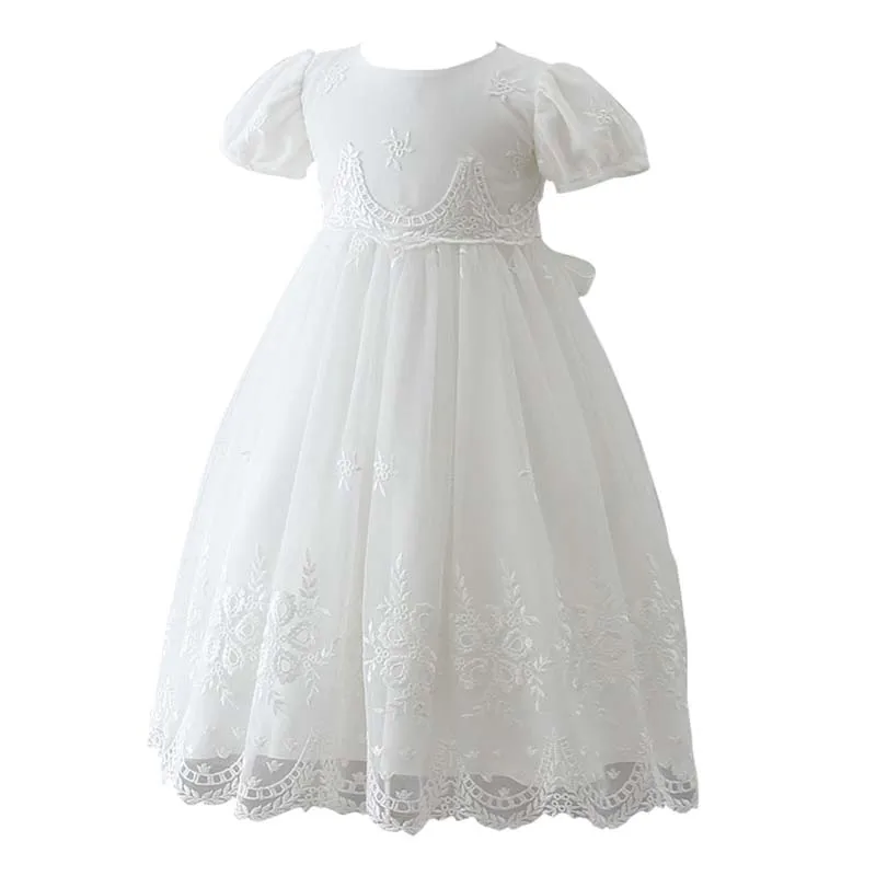 Baby Girl White Christening Dress Newborn Embroidery Puffy Vestido+Hat Princess Baptism Gown Flower Girl Wedding Dress for Baby