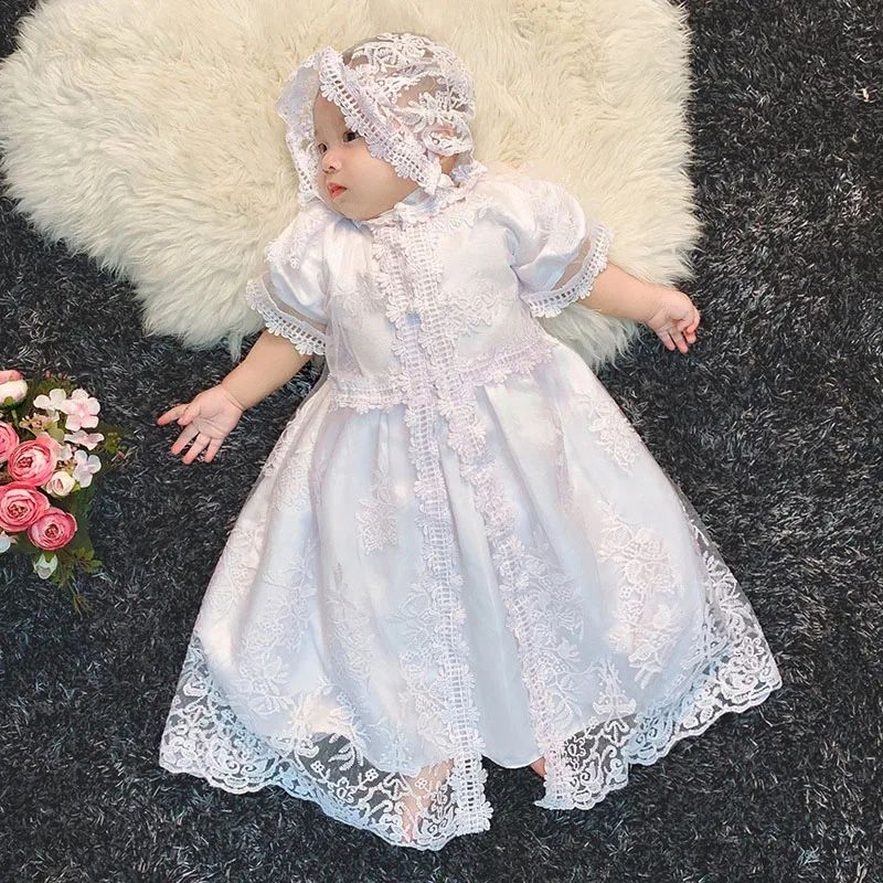 Baby Girls Christening Gown Dress Newborn White Lace Baptism Dress+Cape+Ruffle Hat First Birthday Outfits for Child Bebe 9M 12M