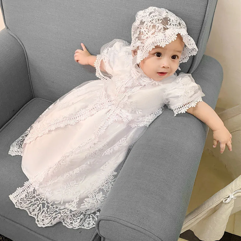 Baby Girls Christening Gown Dress Newborn White Lace Baptism Dress+Cape+Ruffle Hat First Birthday Outfits for Child Bebe 9M 12M