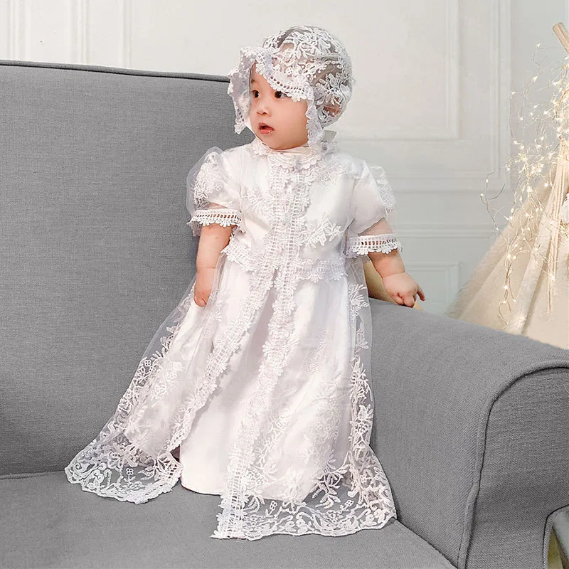 Baby Girls Christening Gown Dress Newborn White Lace Baptism Dress+Cape+Ruffle Hat First Birthday Outfits for Child Bebe 9M 12M