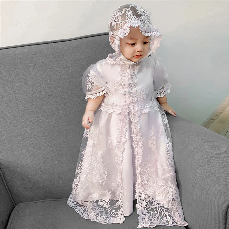 Baby Girls Christening Gown Dress Newborn White Lace Baptism Dress+Cape+Ruffle Hat First Birthday Outfits for Child Bebe 9M 12M