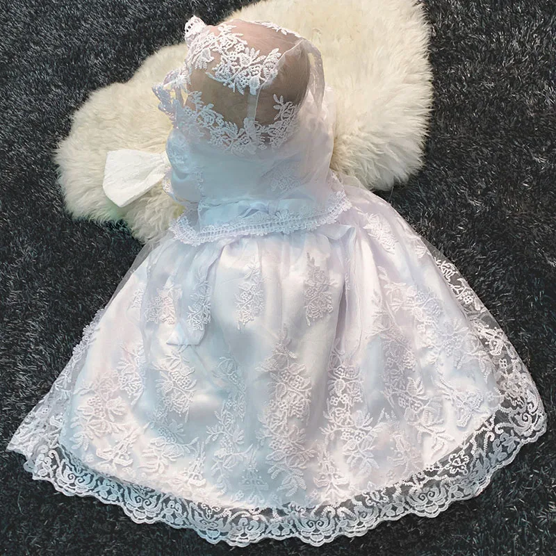 Baby Girls Christening Gown Dress Newborn White Lace Baptism Dress+Cape+Ruffle Hat First Birthday Outfits for Child Bebe 9M 12M