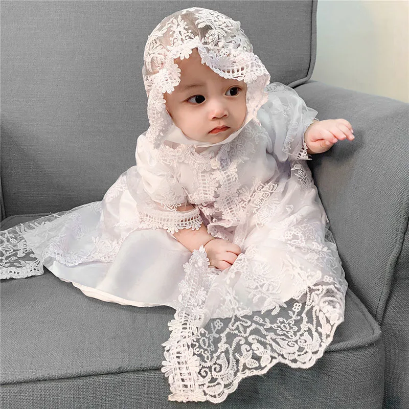 Baby Girls Christening Gown Dress Newborn White Lace Baptism Dress+Cape+Ruffle Hat First Birthday Outfits for Child Bebe 9M 12M