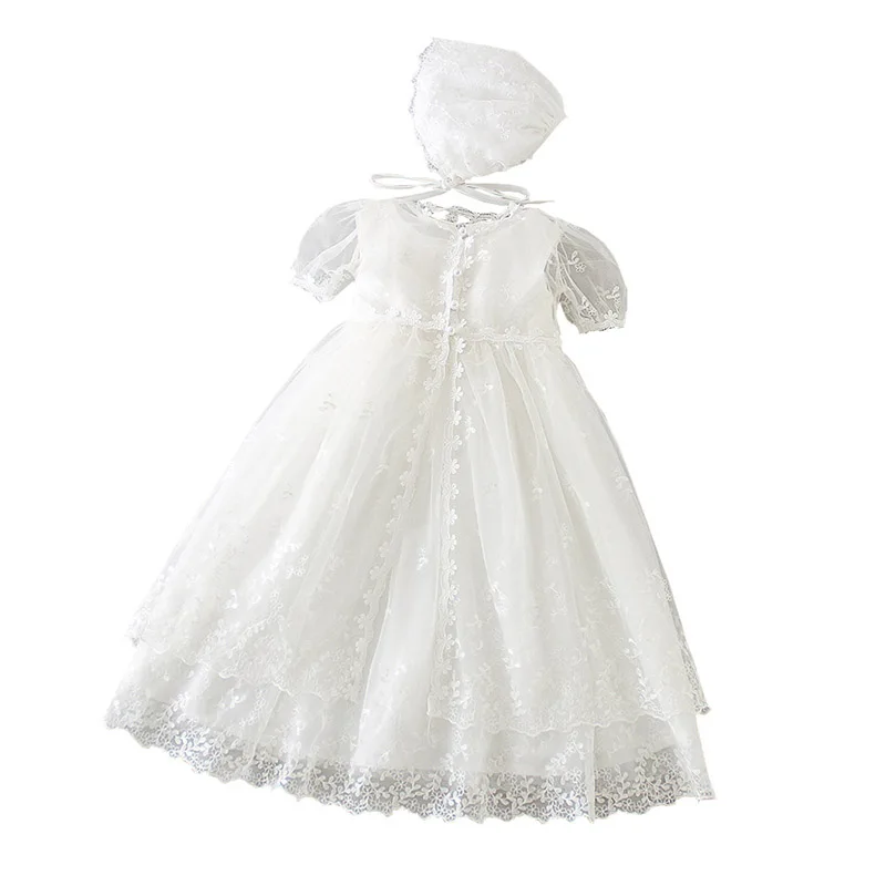 Baby Girls Christening Gown Dress Newborn White Lace Baptism Dress+Cape+Ruffle Hat First Birthday Outfits for Child Bebe 9M 12M