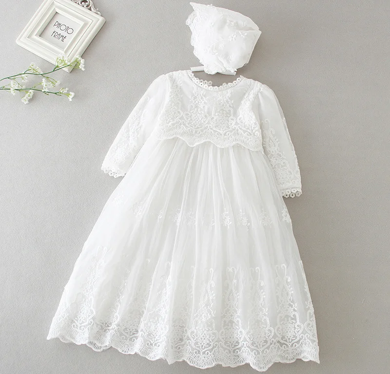 Baby Girls Baptism Dress Cute Solid White Embroidery Wedding Birthday Party Vestido with Hat for Toddler Infant Christening Gown